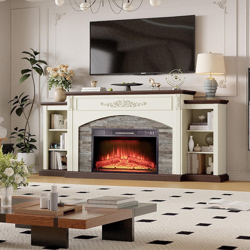 78 inch Electric Fireplace Mantel Fireplace TV Stand Entertainment Center with 30 inch Fireplace Insert Heater and Storage