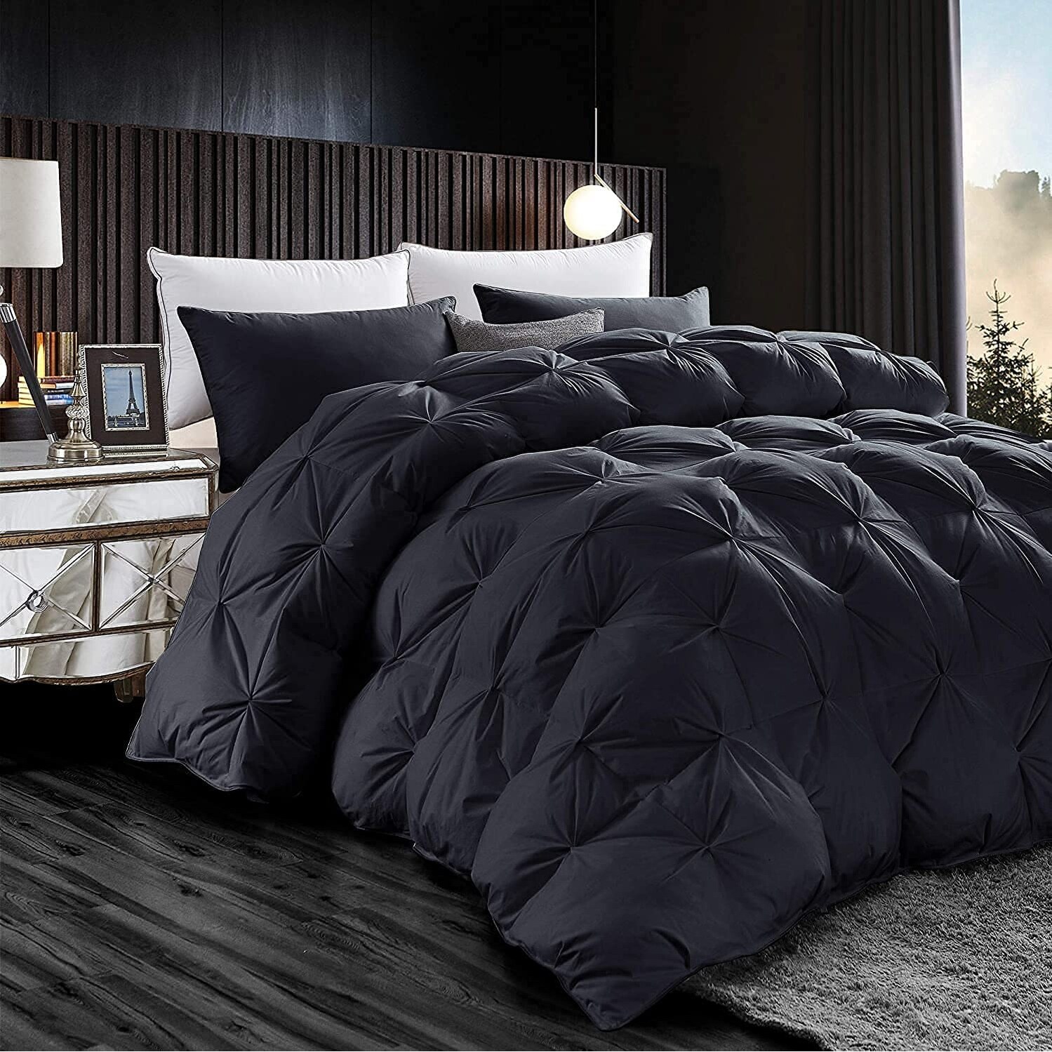 Luxurious Goose Down Feather Fiber Comforter Exquisite Pinch Pleat Design Black 108 x 98 75 oz Fill Weight Oversize Cal King Bed Bath Beyond 40277698
