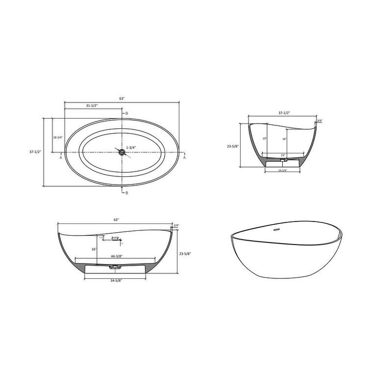 ABRUZZO 63" x 37" Freestanding Solid Surface Soaking Bathtub with Overflow & Pop-up Drain