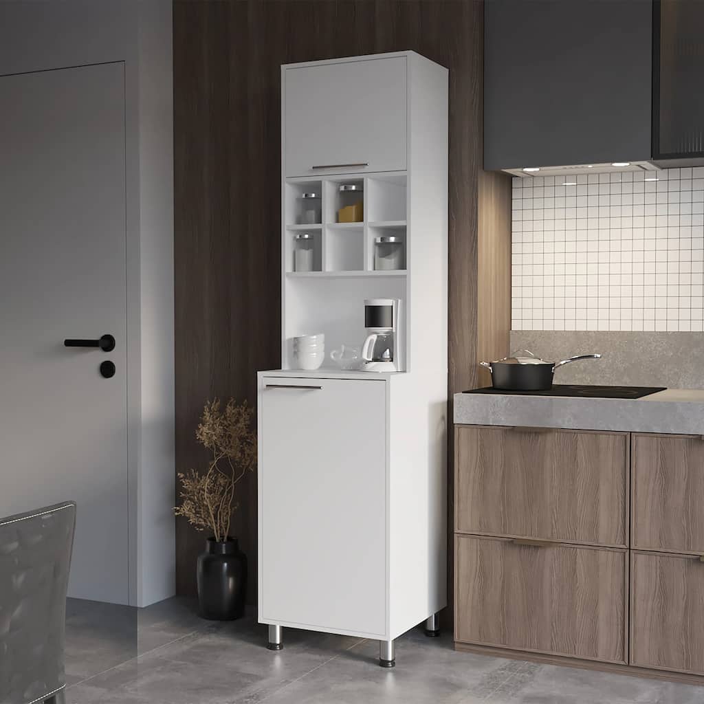 White Kitchen Pantry with Pneumatic Door and Open Storage