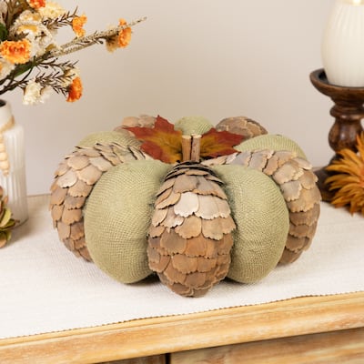 Fall Harvest Layered Wooden Leaves and Burlap Pumpkin - 10" - Green and Beige