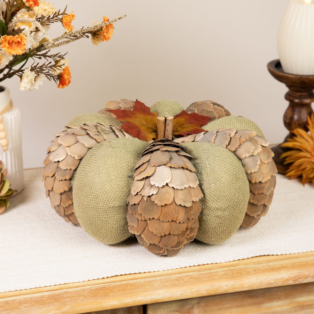 Layered Wood Petals and Burlap Fall Harvest Pumpkin - 10" - Green and Beige