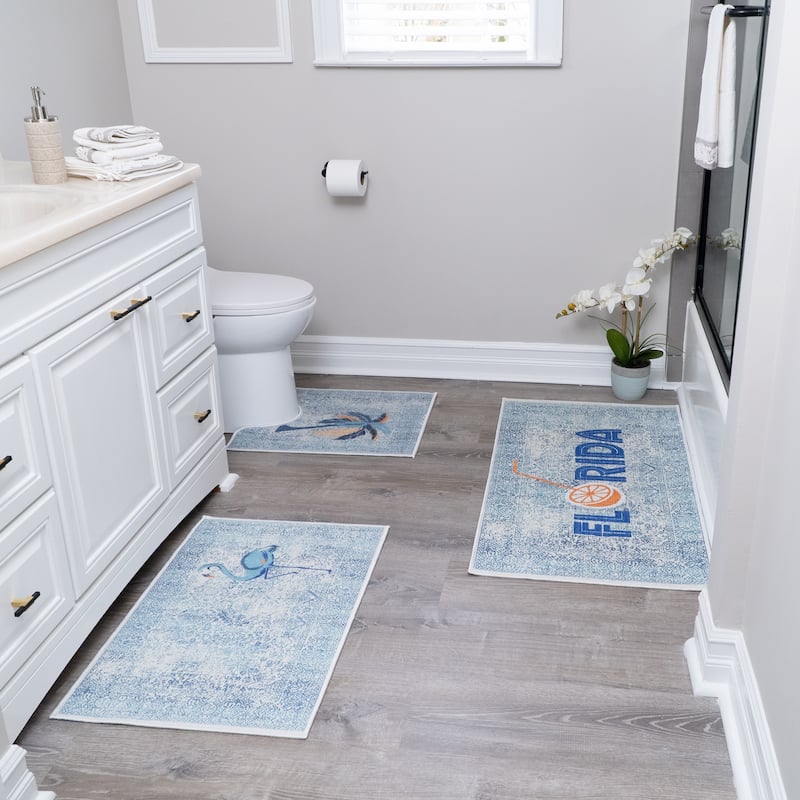 US States Design 3 Piece Bathroom Rugs Set - Non-Slip Ultra Thin Bath Rugs for Bathroom Floor - Washable Bathroom Mats Set