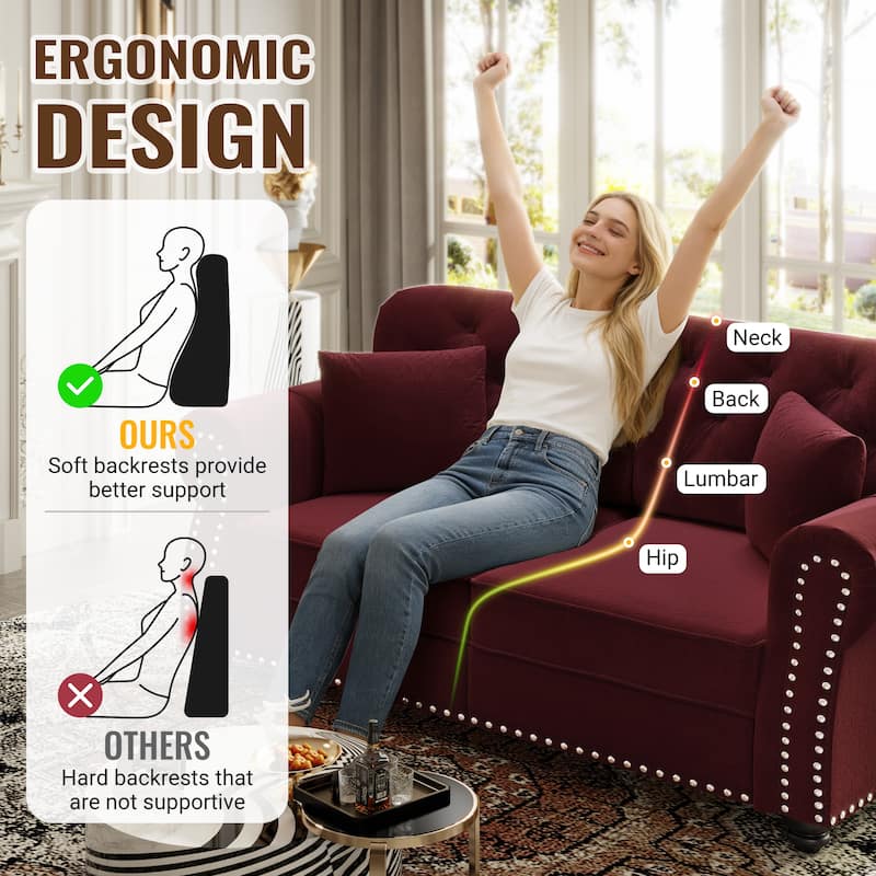 Velvet Chaise Lounge Chair with Ottoman, Mid-Century Modern Chesterfield Single Sofa Chair with Rolled Arms & Nailhead Trim