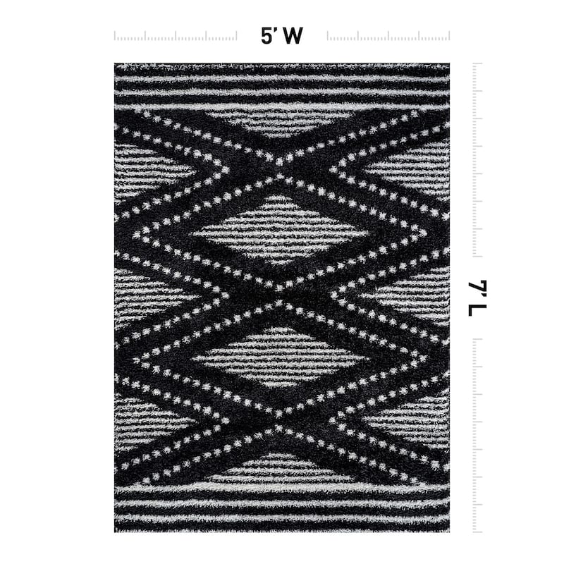 Geometric Shag Area Rug - Durable for Living Room, Bedroom - Polyester with Jute Backing - Anthracite Dark Gray and White