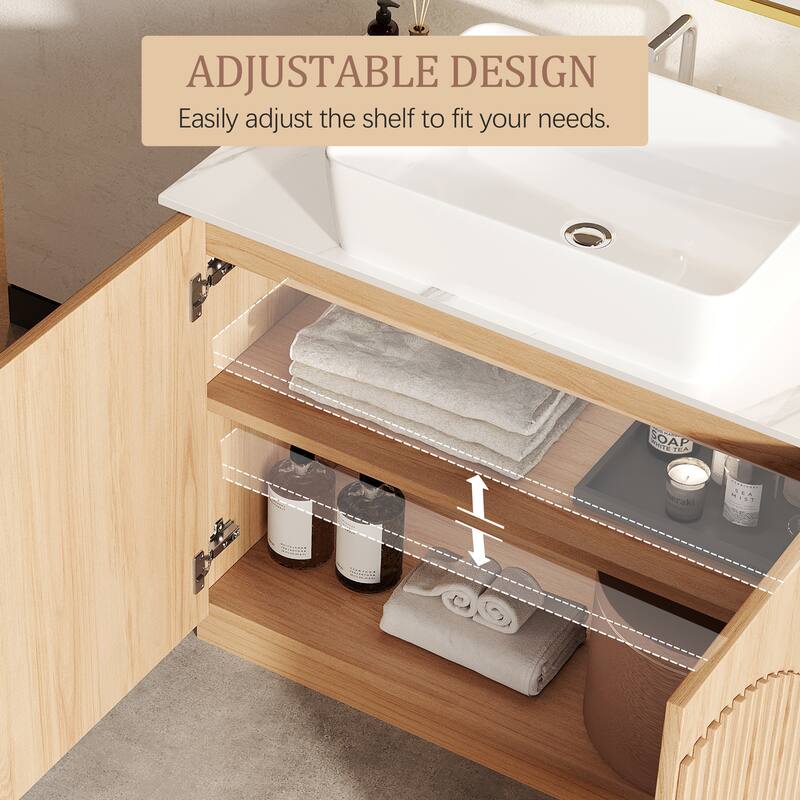 36" Mid - Century Modern Bathroom Vanity With Single Sink Grille Door & Gold Accents