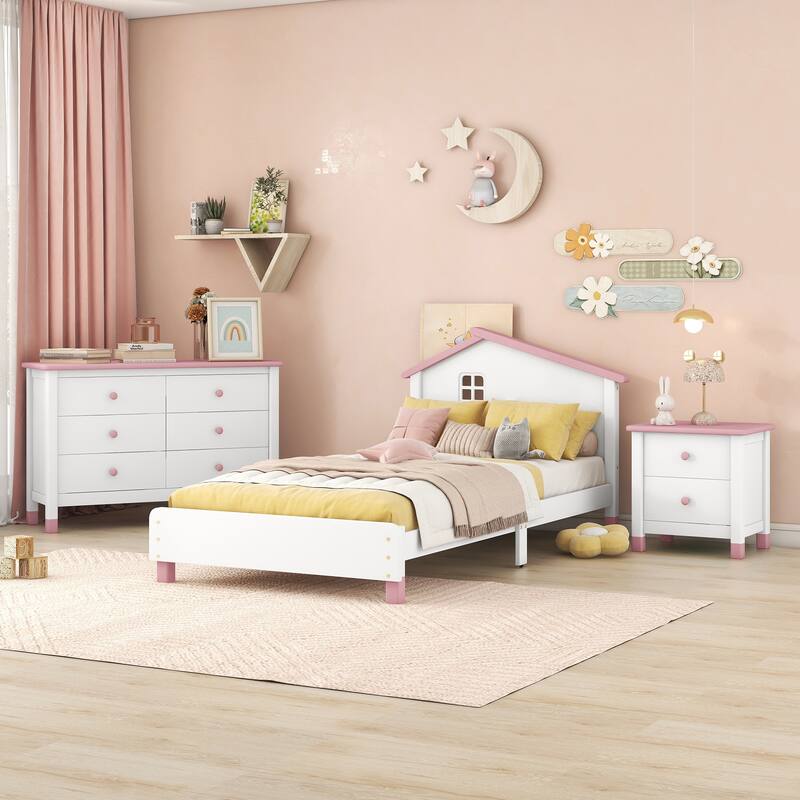 3-Pieces Bedroom Sets Twin Size Platform Bed with Nightstand and Storage dresser,Cream+Walnut