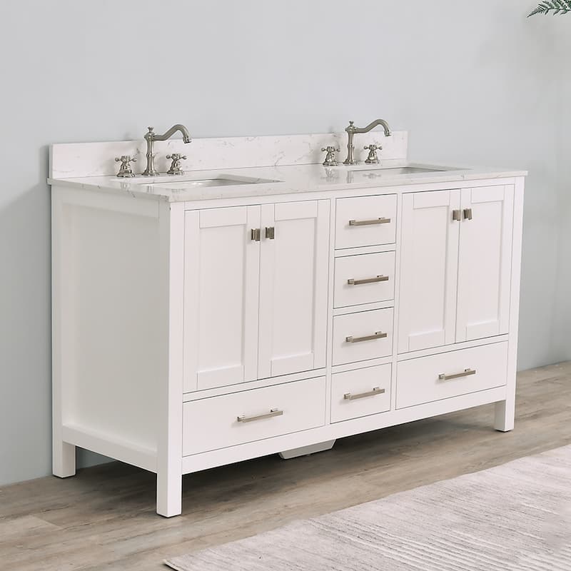 Prismatica 60 in. White Vanity with Countertop & Splash, Double Sinks