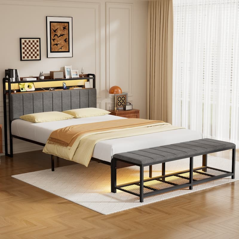 Javlergo Bed Frame with Bench, Bedframes with Charging Staions, Headboard and Storage Bench, LED Lights and Storage Shelves