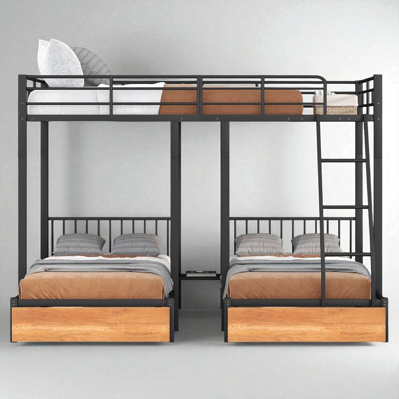 Full Over Twin & Twin Metal Triple Bunk Bed with Guardrails, Storage Drawers and Shelf, Convertible to 3 Beds - Black - Full
