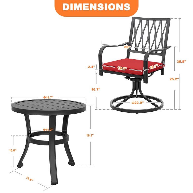 Patio 3-Piece 20’’ Round Side Table Set with Cushioned Swivel Chairs