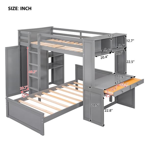 dimension image slide 0 of 2, Contemporary Design Twin Size Loft Bed with A Stand-Alone Bed,Wardrobe with Desk and Double-Deck Shelf for Extra Space