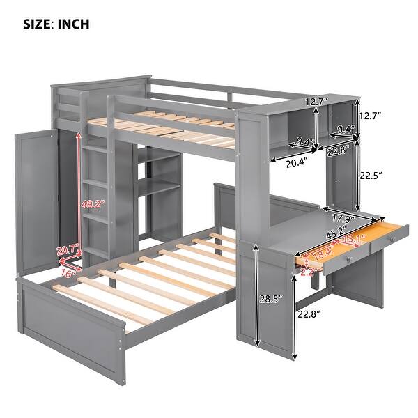 dimension image slide 0 of 2, Twin Loft Bed with a Stand-alone bed, Shelves, Desk and Wardrobe, Grey