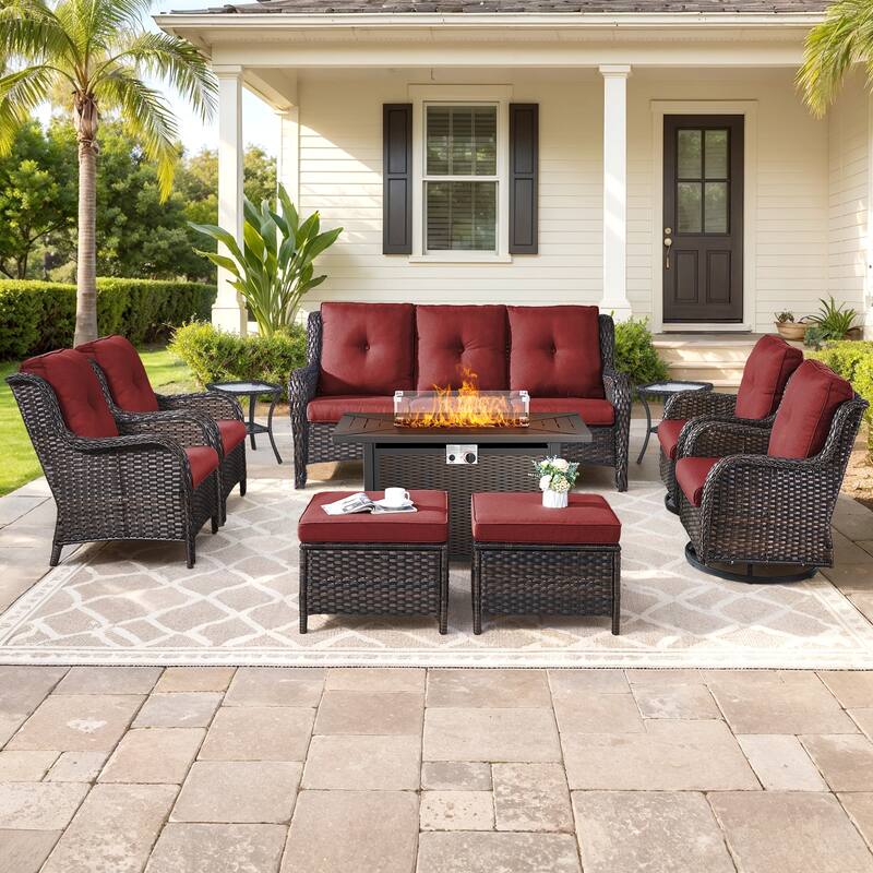 Gymojoy 10-Piece Outdoor Wicker Patio Set with Swivel Glider Chairs & 55,000 BTU Fire Pit Table for Garden, Backyard, Poolside - Brown Wicker / Red Cusion - 10-Piece