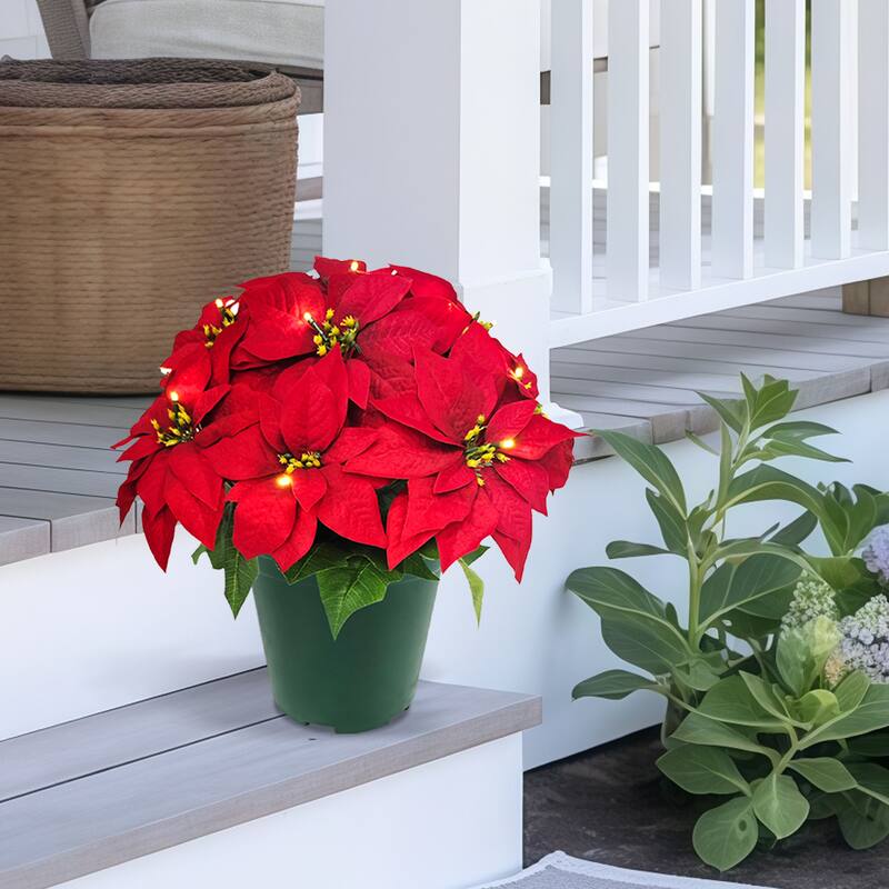 Puleo International 19" Pre-Lit Battery-Operated Artificial Potted Red Poinsettias - Red