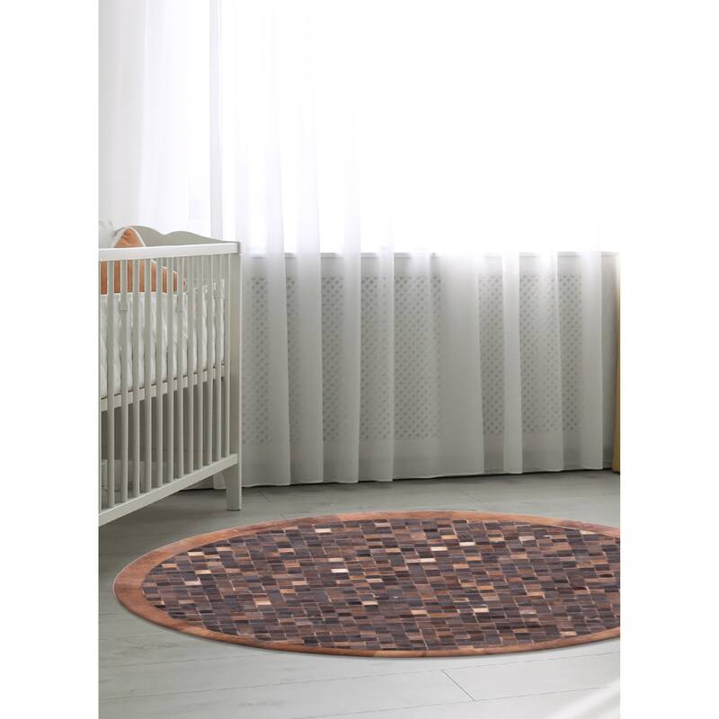 ECARPETGALLERY Handmade Cowhide Patchwork Dark Brown Leather Rug - 5'0 x 5'0