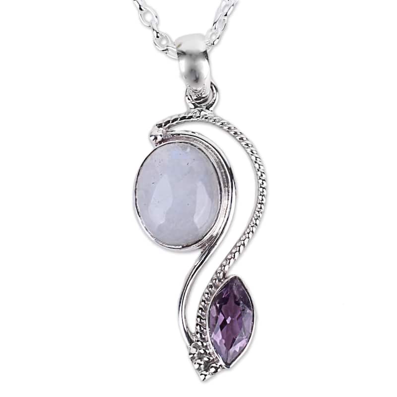 Handmade Sterling Silver 'Colorful Curves' Amethyst Rainbow Moonstone Necklace (India)
