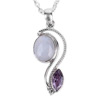 Handmade Sterling Silver 'Colorful Curves' Amethyst Rainbow Moonstone Necklace (India)