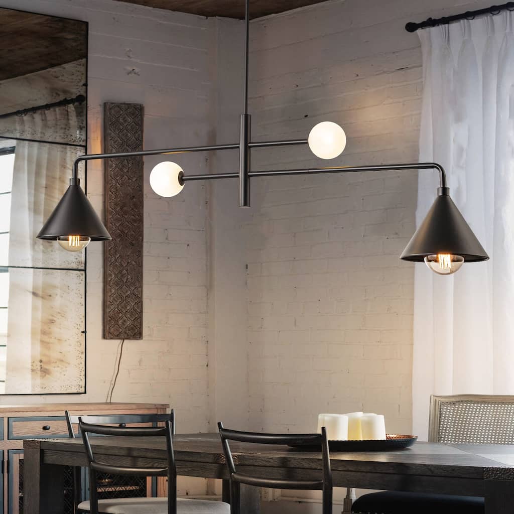 4-Light Modern Trumpet Iron Cone Shade Linear Chandelier Globe Glass Kitchen Island Light