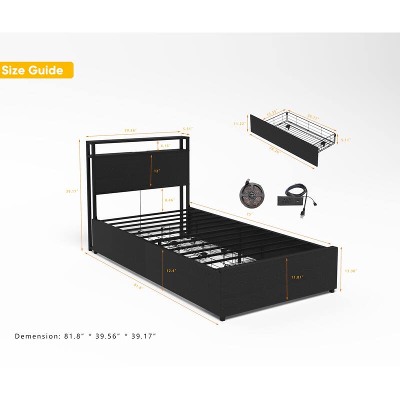 Twin Bed Frame with Storage Headboard, Charging Station, LED Lights, and 4 Storage Drawers - No Box Spring Needed