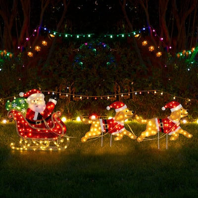 Glitzhome 90.5"L Christmas Fabric Dog with Santa Sleigh Lighted Decor - Dog with Santa Sleigh