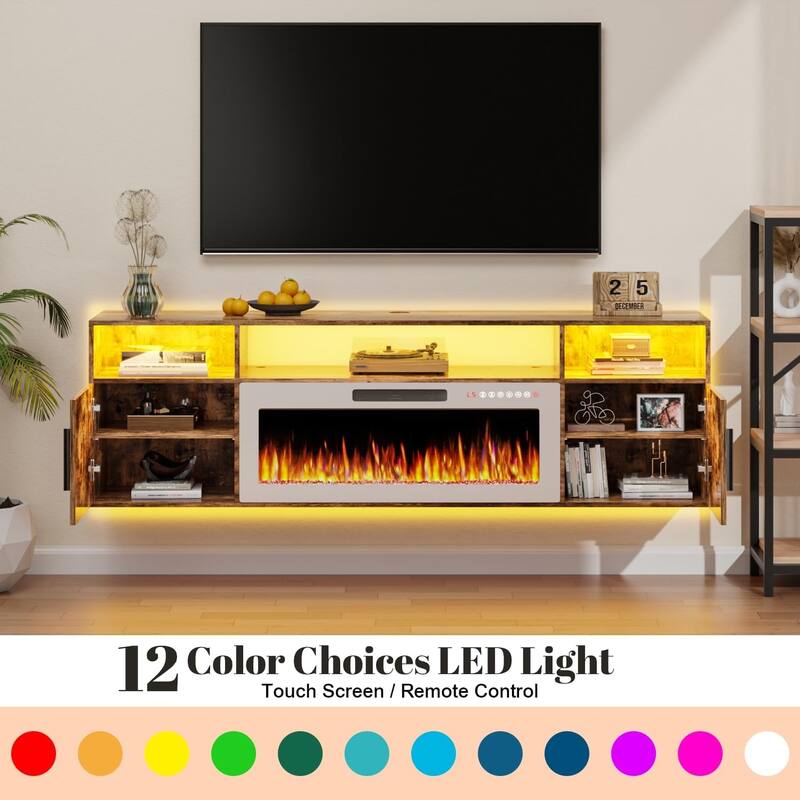 BOSSIN 70" Floating TV Stand with 36" Electric Fireplace, High Gloss Finish Wall Mounted Fireplace TV Stand with Storage