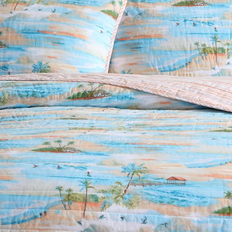 Tommy Bahama Bon Voyage Tropical Island Reversible Cotton Quilt (Blue, 3 Piece Set)