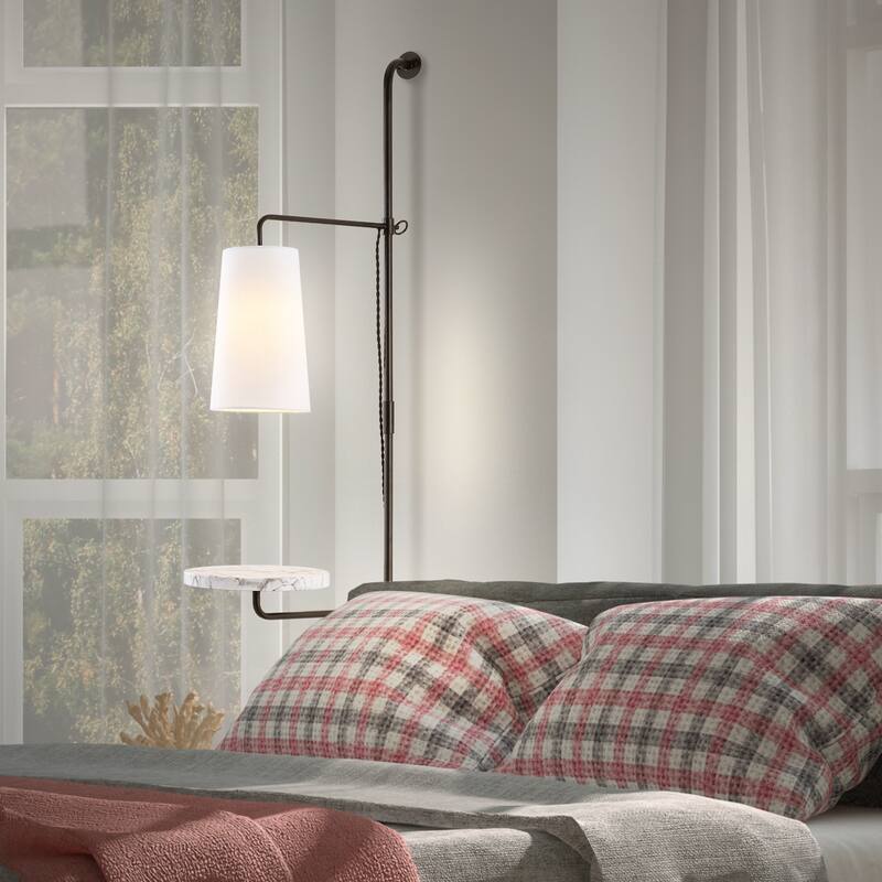 Adrian 11.5" 1-Light Contemporary Industrial Iron Plug-In with Adjustable Marble Table LED Sconce, Black/White by JONATHAN Y