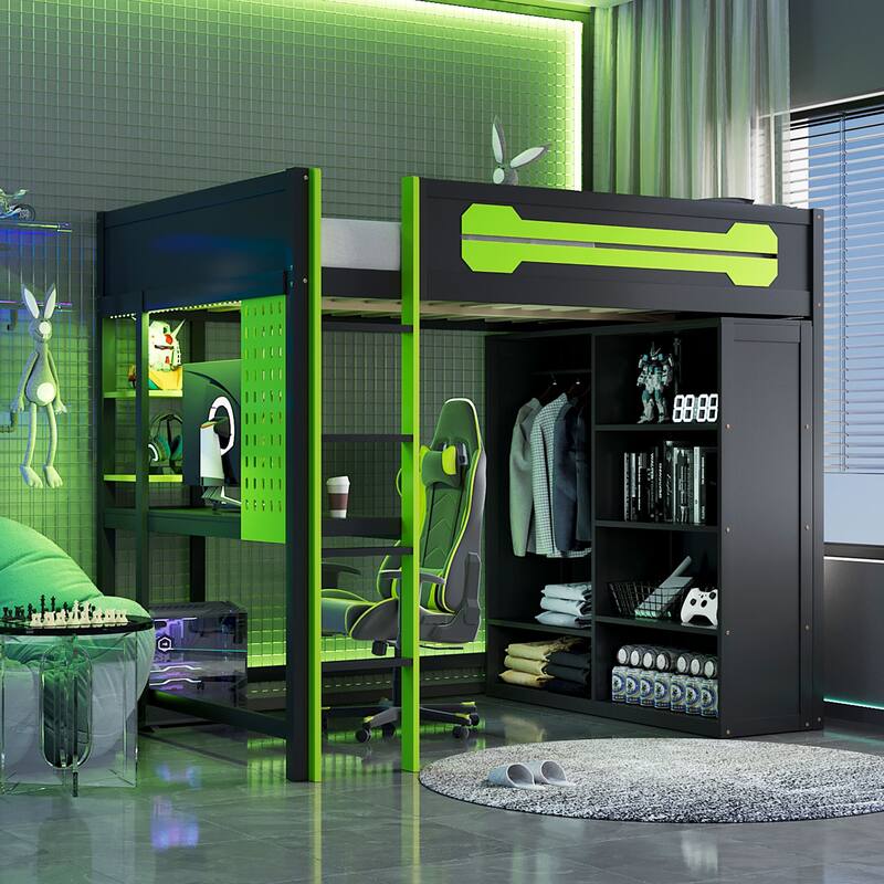 Full Wood Loft Bed with Desk, Open Wardrobe & RGB Lighting - Green - Full