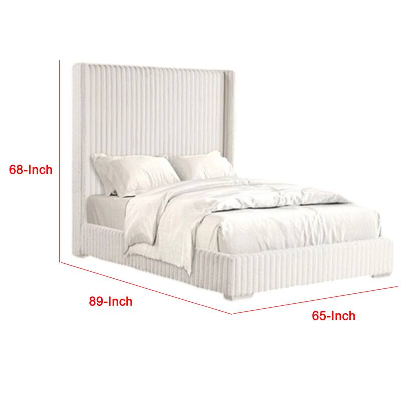 Wolo Queen Bed, White Fur Chenille Ribbed Upholstery, Wing Headboard