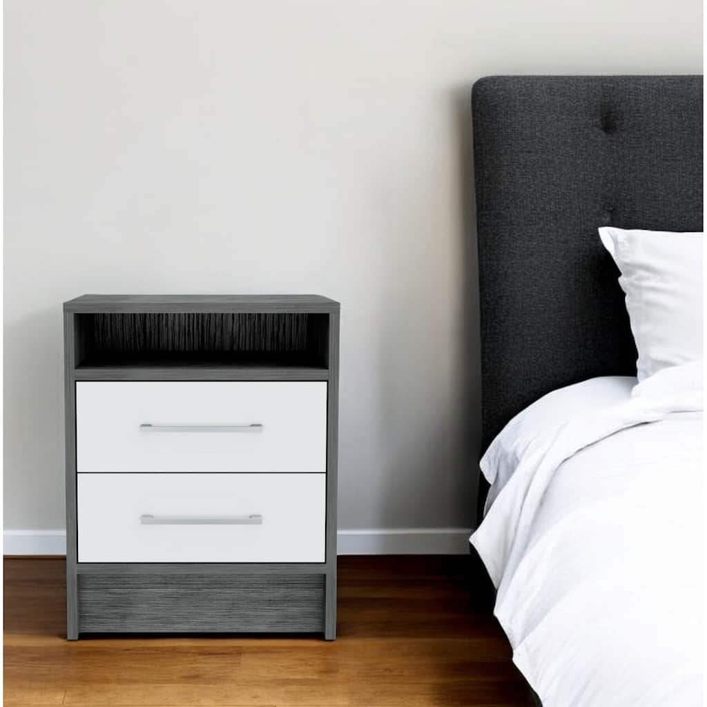 Grey 2-Drawer Wooden Nightstand with Shelf and Removable Handle Versatile Bedroom Storage Table