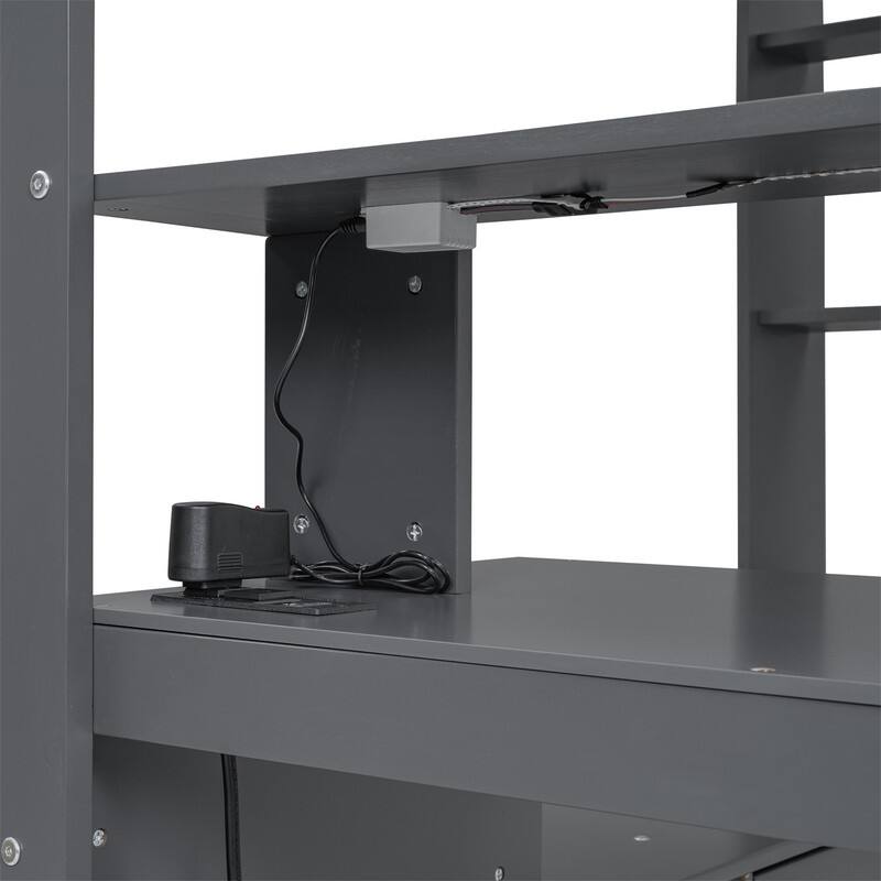 Wood Gaming Loft Bed with LED Light and Bulit-in Desk, Twin/Full Size Loft Bedframe w/Drawer, Storage Shelves & Charging Station