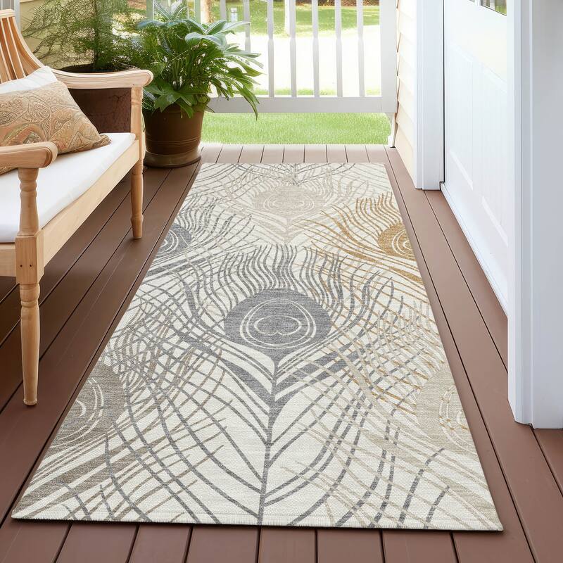 Machine Washable Indoor/ Outdoor Modern Peacock Chantille Rug - Ivory - 2'3" x 7'6"