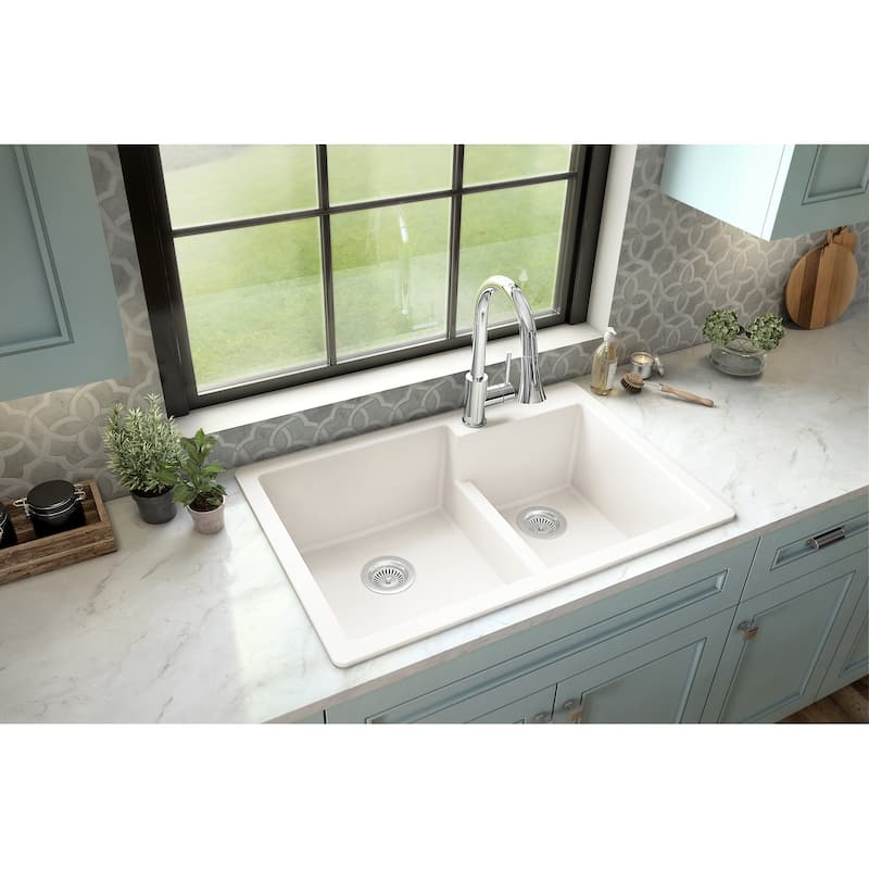 Karran 33" Top Mount Large/Small Bowl Quartz Kitchen Sink Kit - 33" x 22" x 9"