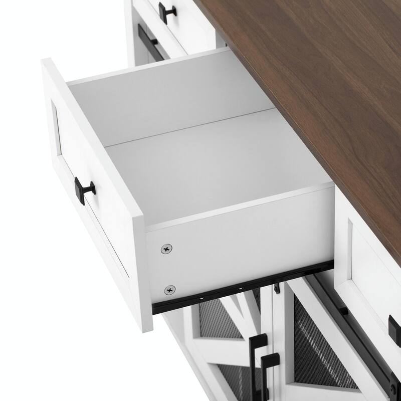 55'' Sliding Barn Door Sideboard with 3 Drawers, Particle Board & Metal Mesh Storage Cabinet