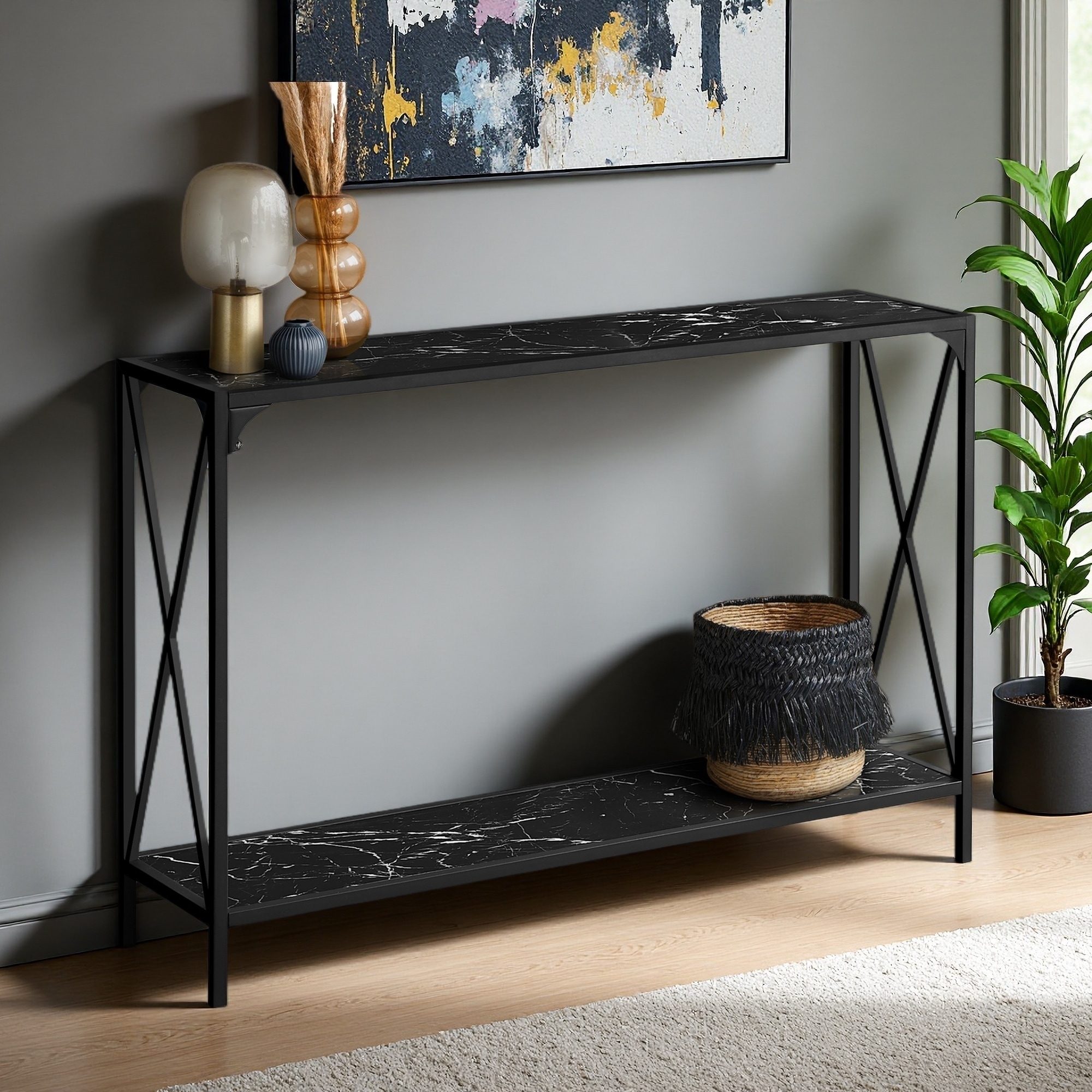 48" Marble Look Accent Table - Contemporary Console with Metal Frame and 2-Tier Design for Living Room & Bedroom