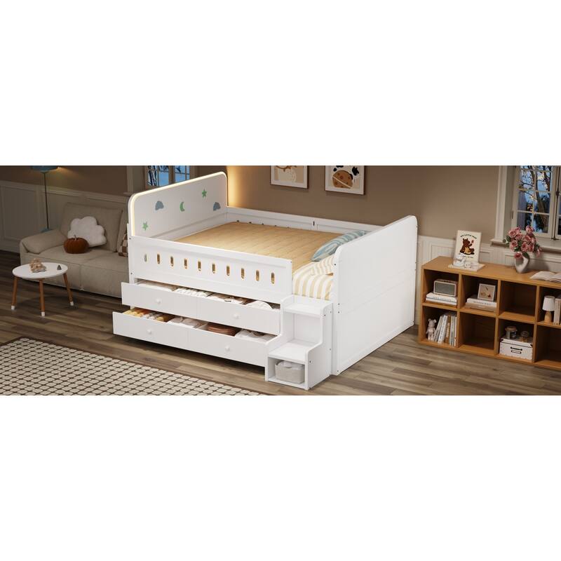 Roomfitters Full Size Wooden Bed with LED Headboard, 4 Storage Drawers and Ladder