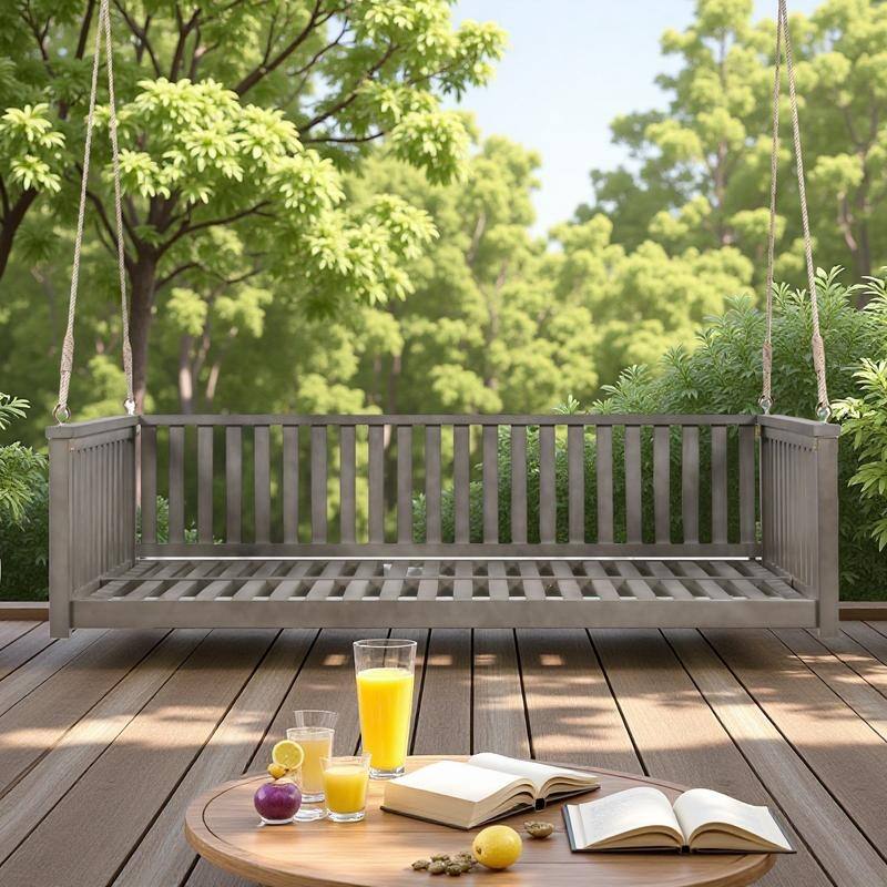 Acacia Wood Twin-Size Porch Swings Bed with 350lb Capacity, Includes Hemp Ropes and Sloped Safety Design - Gray