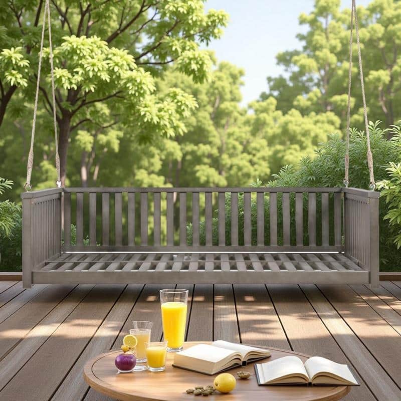 Acacia Wood Twin-Size Porch Swings Bed with 350lb Capacity, Includes Hemp Ropes and Sloped Safety Design