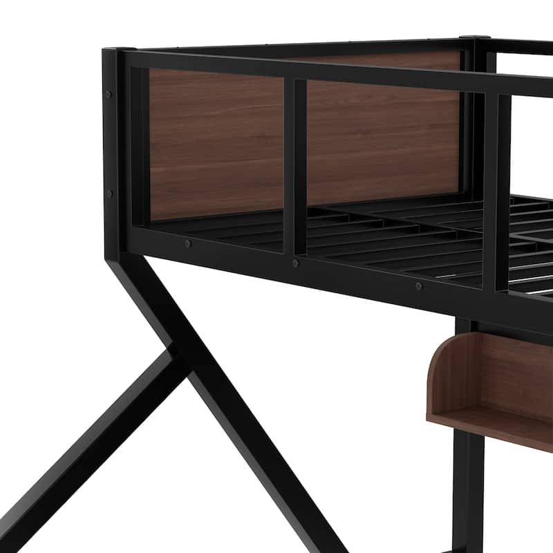 Metal Bunk Bed with Wood Storage Shelves and Light Strip, Noise-free Design Bed Frame with Guardrails, Ladder and Headboards