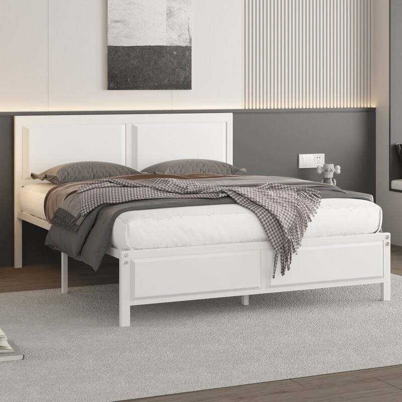 VECELO Platform Bed Frame with Wooden Headboard, Heavy Duty Steel Slats Support, No Box Spring Needed