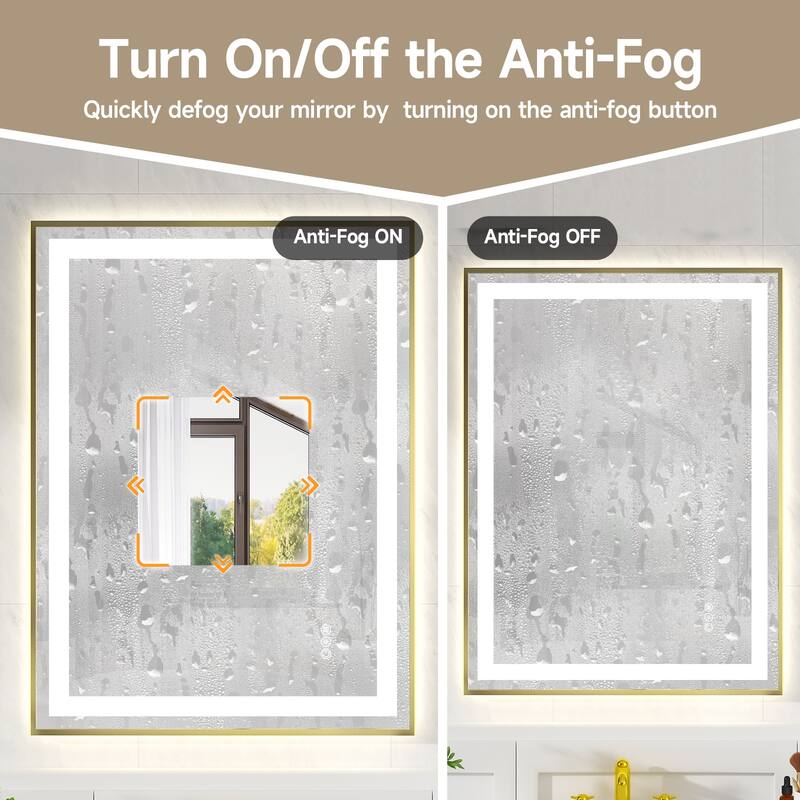 Modern Gold LED Bathroom Mirror with Dual Light Strips and Anti-Fog Dimmable for Horizontal or Vertical - 24” x 32” x 0.16”