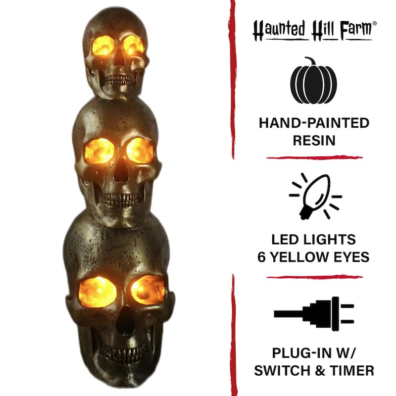 Haunted Hill Farm 3-Ft. Golden Skull Stack Prelit LED Resin Figurine, Indoor or Covered Outdoor Halloween Decoration, Plug-In