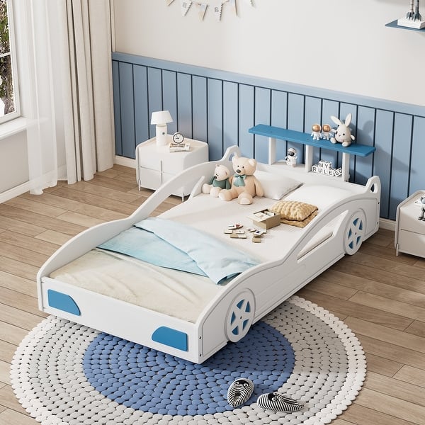 slide 2 of 21, Wooden Race Car Bed, Twin Size Car-Shaped Platform Bed with Storage Shelves and Wheels for Kids Teens Boys Girls White - Twin