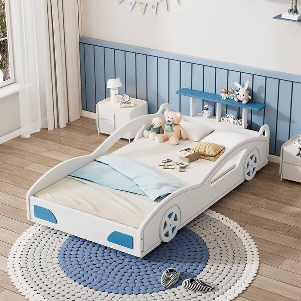 slide 2 of 8, Wooden Race Car Twin Bed with Storage, Car-Shaped Platform Bed with Side Rails and Wheels for Teens & Kids Room, White & Blue White & Blue