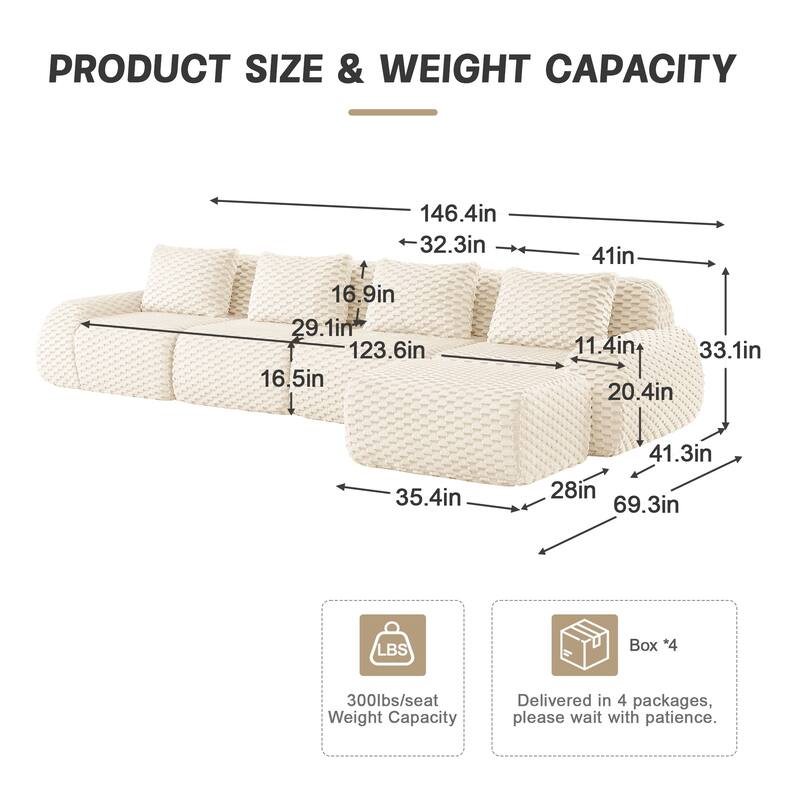 Roomfitters 114 Inch Modular Sectional Sofa, Oversized Flannelette 3-Seater, Cream