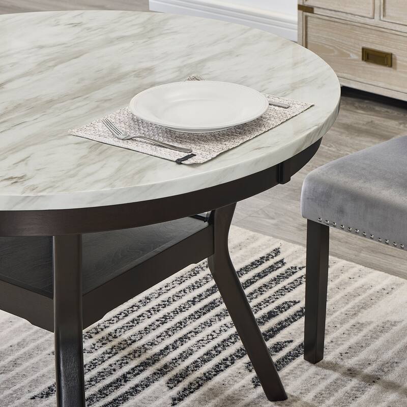 Contemporary 5-Piece Dining Set with Round Faux Marble Table and Velvet Upholstered Parsons Chairs - Stylish and Durable