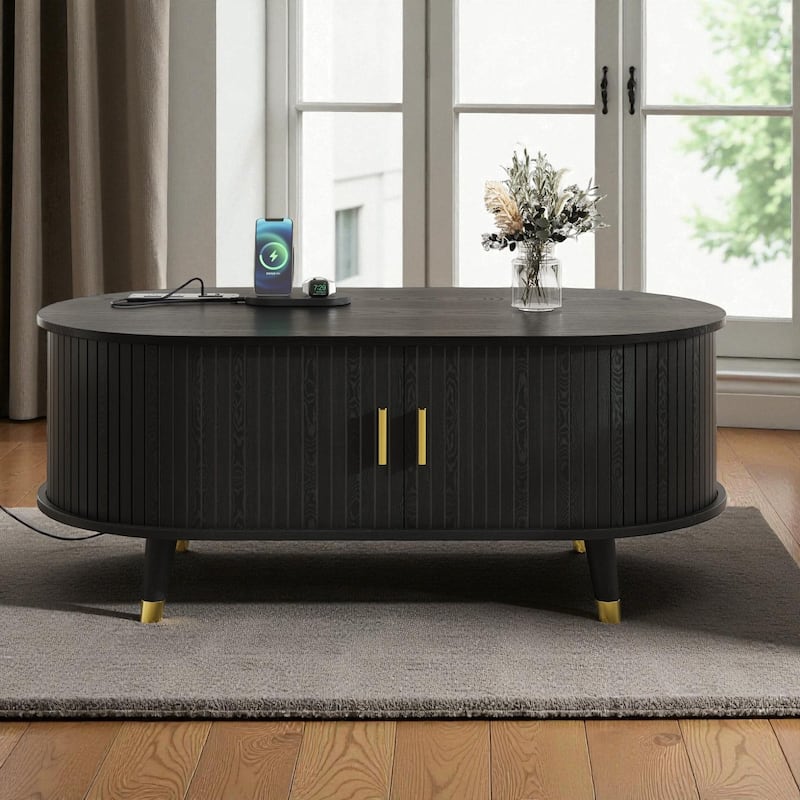 42.5'' Oval Fluted Coffee Table with Charging Station, Mid-Century Tambour Door Center Table with Solid Wood Legs - Black