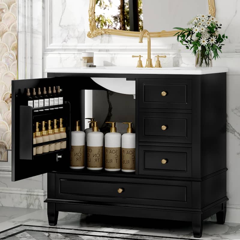 36" Bathroom Vanity with Ceramic Sink - MDF & Solid Wood Base, 3 Drawers & Storage Cabinet, Freestanding Design, 4" Faucet Holes