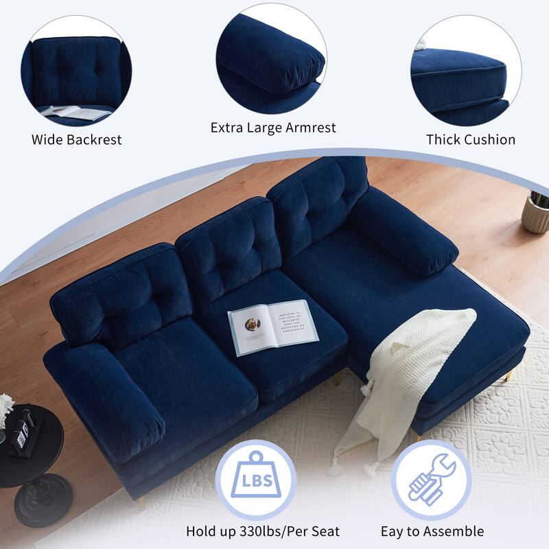 L Shaped Sectional Sofa with Chaise, Velvet Fabric Cloud Couch, Corner 3 Seater Sectional Sofa with Backrest & Armrests